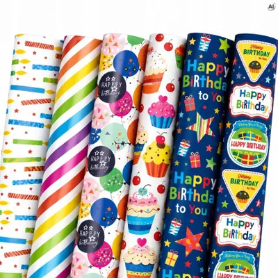 Geschenkpapier Geburtstag 50 x 70 cm - bunt gemustert, Papier zum Geschenkeverpacken