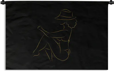 Produktbild von MuchoWow® Wandteppich Wandbehang Frau - Hut - Gold - Strichzeichnung 120x80 cm Tapisserie Dekoration Wandtuch - Wanddekorationen - Wandtücher