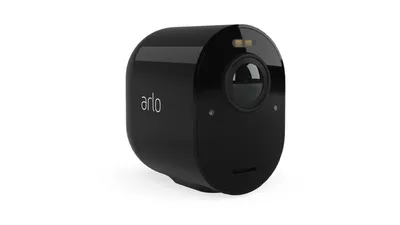 A black Arlo security camera is shown against a white background.