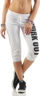 Damen 3/4 Jogginghose mit "WORK OUT"; Weiß-Schwarz XXL/44