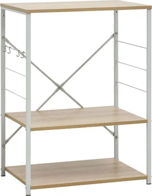 A studio shot of a three-tiered microwave rack with a wood-effect finish and white metal frame.