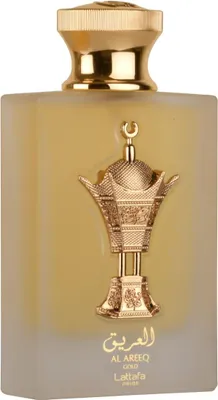 A close-up studio shot of a bottle of Lattafa Pride Al Areeq Gold Eau de Parfum.