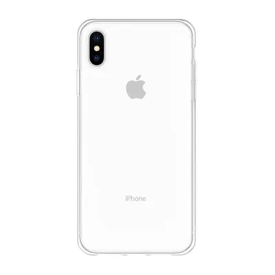 A clear, studio shot of the back of an iPhone Xs Max in a transparent case, against a white background.