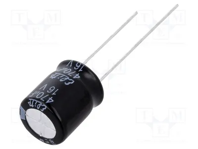 Obrázek produktu pro 10 kusů kondenzátorů: elektrolytický, pro montáž na desku, 470 µF, 16 V DC, rozměry 10 x 12,5 mm, tolerance ±20 %, typ PF1C471MNN1012