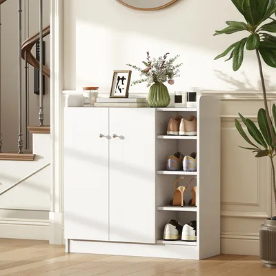 Produktbild von Schuhschrank mit Schrank und 4 Regalfächern, Schuhkommode Schuhregal, Spanplatte MDF, Weiß | 83 x 30 x 90 cm | 25 kg | Kippschutz