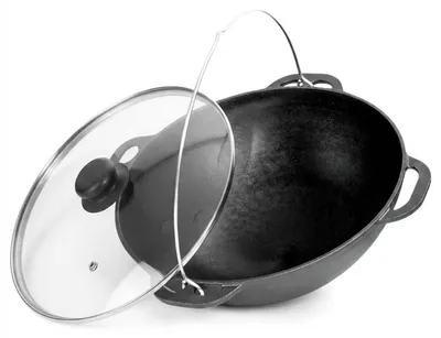 Produktbild von Premium Gusseisen Kazan 15 L mit Glasdeckel Schwenktopf Traditioneller Gusstopf Kasan Grillwok preseasoned bereits eingebrannt Schmortopf