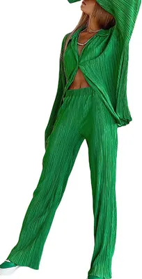 Produktbild von ASKSA Damen 2 Teiler Casual Outfits Sommer Plissee Set Zweiteiler Langarm Hohe Taille Loungewear, Grün, M