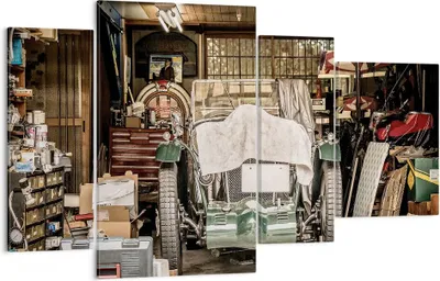 Produktbild von Bild auf Leinwand - Leinwandbild - 4 Teile - Historisch Auto Garage - 120x70cm - Wand Bild - Wanddeko - Wandbilder - Leinwanddruck - Bilder - Wanddekoration - Leinwand bilder - DL120x70-4562