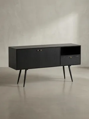 Produktbild von Sideboard 140x75x40 cm Kommode Schwarz mit Eiche-Nachbildung Zeitlos, Hoher Kommodenschrank, Standschrank Wohnzimmer mit 2 Türen und Schublade, Anrichte mit offenem Fach