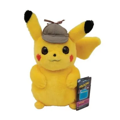 A plush toy of Detective Pikachu wearing a hat, standing against a white background.