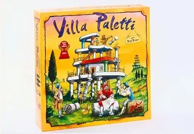 The image shows the box of the board game Villa Paletti, with an illustration of the game's structure and people playing.