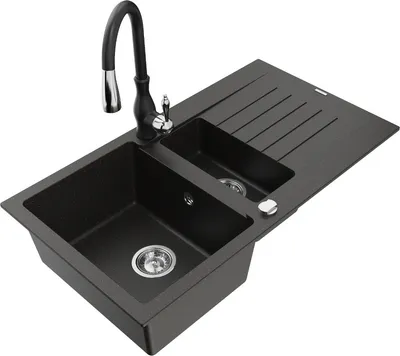Produktbild von Mexen Matias 1,5-Becken-Granitspüle mit Abtropffläche und Mischbatterie Savita, Schwarz/Gold - 6502-75-672601-70