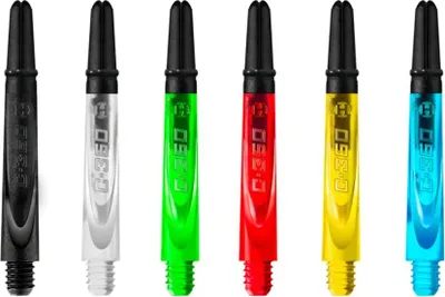 A collection of six dart shafts in various colors, arranged in a row against a white background.