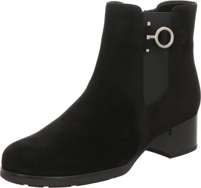 A black ankle boot with a silver buckle detail is shown against a white background.