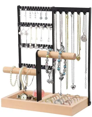 Produktbild von Unyqoos® Schmuckständer & Organizer – mehrstufiger Schmuckhalter für Ketten, Armbänder, Ohrringe und Accessoires, Metallrahmen mit Holzelementen, 27,9 x 21,6 x 12,4 cm
