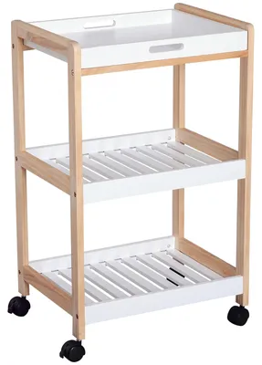 Produktbild von Kš¹chenwagen mit Rollen, 2 Ablagen + abnehmbares Tablett, Kiefernholz und MDF