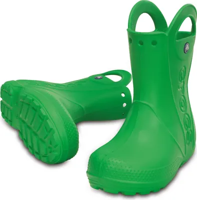 A pair of green Crocs rain boots for kids, shown from a slightly angled perspective.