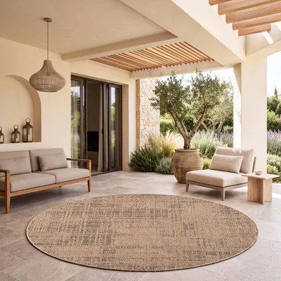 Produktbild von TT Home Waschbarer In-& Outdoorteppich Wetterfest Garten Terrasse Esszimmer Boho Muster Unicolor Meliert Moderner Style Größe 120 cm Rund