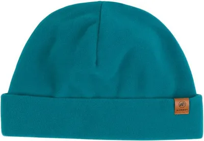 Türkisfarbene Fleece-Mütze mit Umschlag und kleinem Mammut-Logo auf Lederpatch