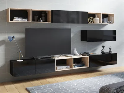 Produktbild von Wohnwand CALABRINI-26 Wohnzimmer-Set Hängewohnwand Schrankwand Schrank TV-Schrank Moderne Anbauwand Hochglanz (Schwarz / Artisan Eiche)