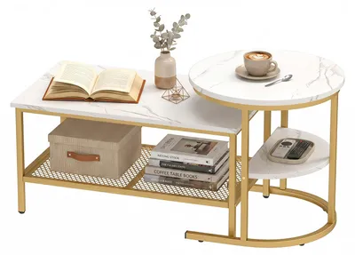 Produktbild von KOMFOTTEU Couchtisch 2er Set, rechteckige und runde Wohnzimmertische mit 2 Ablagen, Sofatisch aus Stahl mit Marmoroptik, moderner Satztisch für Wohnzimmer, Schlafzimmer, Weiß