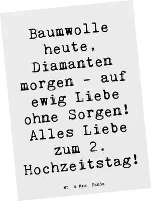 Produktbild von Mr. & Mrs. Panda Postkarte Spruch 2. Hochzeitstag Baumwollhochzeit - Weiß - Geschenk, Grußkarte, Alles Liebe, Ehe, Heiraten, Geschenke, Ansichtskarte, Heirat, Postkarten