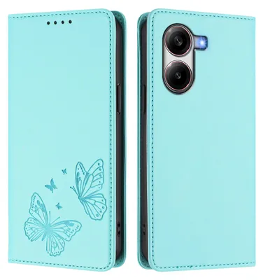 Obrázek produktu pro Kožené pouzdro pro Xiaomi Poco X7 Pro, motýlí ražbou, peněženkové flip pouzdro se stojánkem Mátově zelená