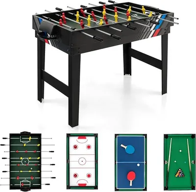 Imagen del producto de Mesa de juego 4 en 1, que incluye accesorios. Mesa multijuegos con futbolín, air hockey, billar y tenis de mesa. Mesa multifuncional para niños y adultos