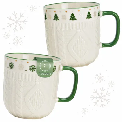 Produktbild von Kaffeetassen 2er Set in Weiß mit Winter Strick Design
