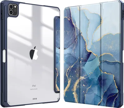 Produktbild von Fintie Hybrid Hülle für iPad Pro 11 2022/2021 (3./4. Generation) mit Stifthalter - Stoßfeste Schutzhülle mit transparenter Hartschale auf der Rückseite für iPad Pro 11 2020/2018, Ozean Marmor