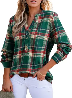 Produktbild von ASKSA Damen Bluse Kariertes V-Ausschnitt Longbluse Casual Knoepfen Langarm Flanellhemd Karohemd Oberteile (Dunkelgruen,XL)
