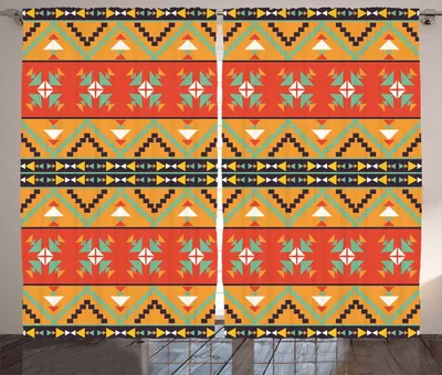 Produktbild von ABAKUHAUS Abstrakt Rustikaler Vorhang, Stammes-aztekische Motive, Wohnzimmer Universalband Gardinen mit Schlaufen und Haken, 280 x 260 cm, Farngrün Orange und Rot
