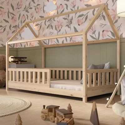 Produktbild von Crazy Pine Hausbett 200x140 cm – Kinderbett aus Naturholz – Montessori Bodenbett mit Höhenverstellbaren Beinen - Crazy Blanco