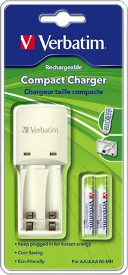 Produktbild von Verbatim Compact Charger-Ladegerät mit EU-Stecker, 50/60, AA, AAA, 114 g, 0 - 45 °C, -25 - 60 °C, Weiß