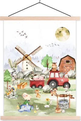 Produktbild von MuchoWow® Textilposter Bauernhof - Traktor - Kinder - Tiere 60x80 cm mit holzfarbenen Rahmen - Wandbild