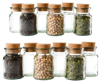 Zdjęcie produktu dla zestaw 12 słoiczków na przyprawy 150 ml + korek, do przechowywania herbaty, ziół i przypraw