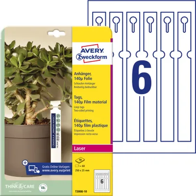 Produktbild von Avery Zweckform T3008-10 Schlaufen-Anhänger, 250 x 25 mm, beidseitig beschichtet, 60 Stück / 10 Bogen
