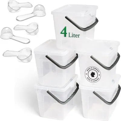 Immagine prodotto di Novaliv 5x Contenitore per detersivi con coperchio 4 litri Trasparente e cucchiaio dosatore 23,5 x 18 x 18,5 cm Contenitore per detersivi con maniglia Contenitore per detersivi Contenitore per detersivi