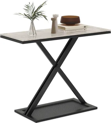 Zdjęcie produktu dla Stolik konsolowy COSTWAY z blatem ze sztucznego marmuru, stolik kawowy z metalową ramą, elegancki stolik do przedpokoju z ramą w kształcie litery X