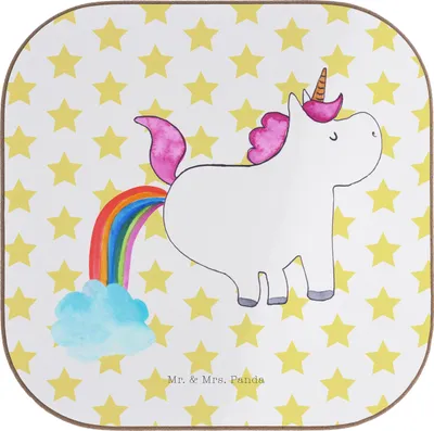 Produktbild von Mr. & Mrs. Panda Tischuntersetzer Einhorn Pupsen - Weiß - Geschenk, Unicorn, gläseruntersetzer, Pups, Quadratischer Untersetzer, für Gläser, Lustig, Spaß, Regenbogen
