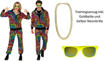 Produktbild von 80er Jahre Trainingsanzug mit buntem Animal Print von Gr. S-XXL - mit Gelber Brille und Goldkette XL - 180-190cm