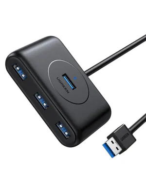 A black USB hub with multiple ports and a connected USB cable, shown on a white background.