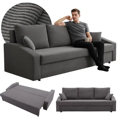 A collage of images showing a dark gray sofa bed with a man sitting on it, a close-up of the fabric texture, and the sofa in its bed form.