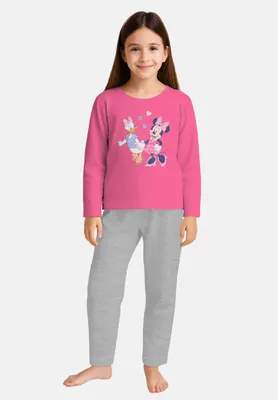Produktbild von Disney Minnie Mouse Schlafanzug für Mädchen - Minnie & Daisy Kinder Pyjama Set Langarm Oberteil mit Hose Pink/Grau 134-140