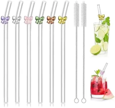 Produktbild von PolkaHome® 6er-Set Glas-Cocktailstrohhalme – Wiederverwendbar mit Reinigungsbürsten, 20 cm, Bogenförmig