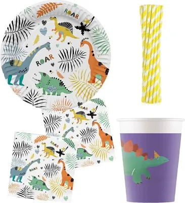 Produktbild von Partyset 48 tlg. Dinosaurier Party Deko Set Dino Kindergeburtstag Geburtstagsdeko Einweggeschirr