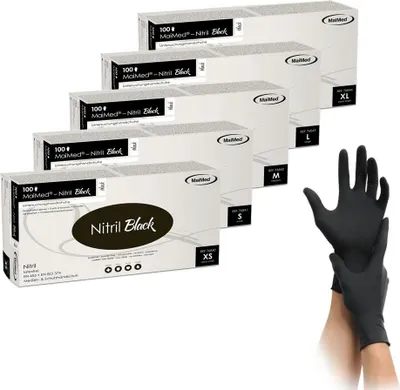 Multiple boxes of nitrile gloves are stacked, with one pair of black nitrile gloves shown in the foreground.