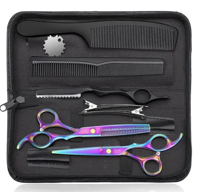 Produktbild von Friseurscheren Set 6.5" Haarschneideschere Effilierschere Japanischer Stahl Farbig 10-teilig