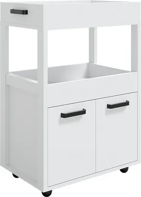 A white roll container with black handles and black wheels, shown from a three-quarter front view against a white background.