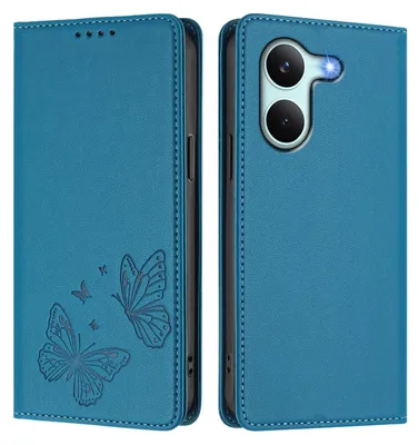 Image de Étui en cuir pour Xiaomi Poco X8 Pro/Redmi Turbo 5, étui de protection type portefeuille en cuir gaufré « papillon » avec support, bleu